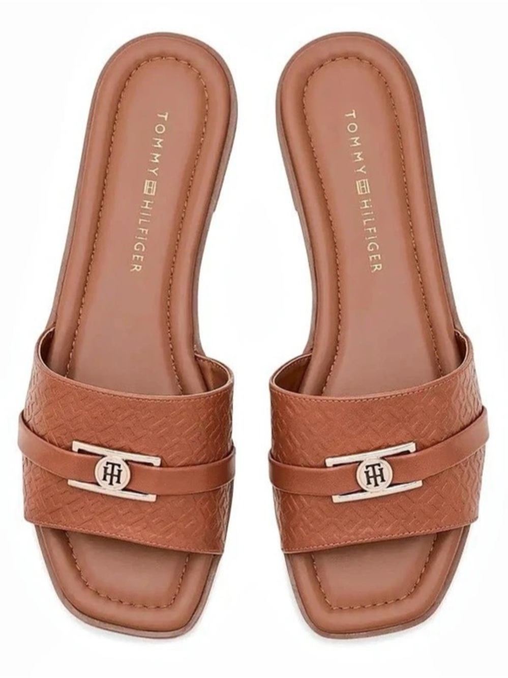 Tommy Hilfiger Tan Slide Sandals With Monogram